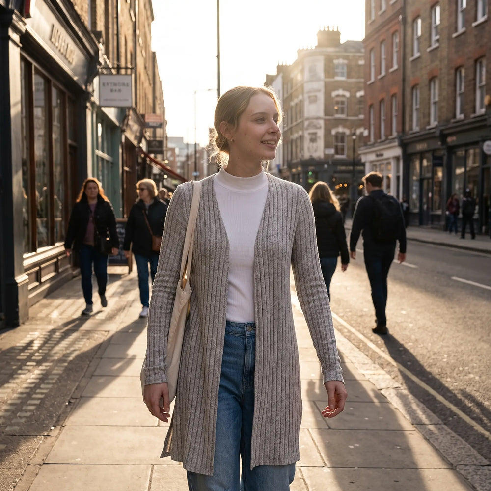 Ribbed Knit Split Cardigan - sunlit city street