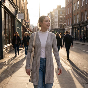 Ribbed Knit Split Cardigan - sunlit city street