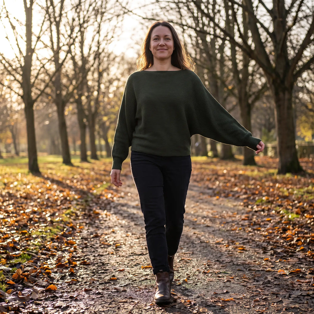 Boat Neck Batwing Knitted Jumper - autumn park path