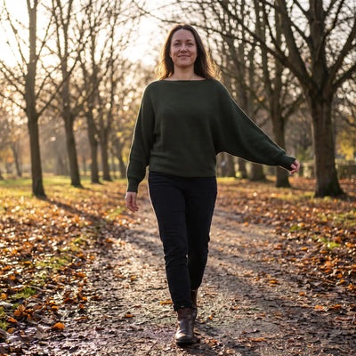 Boat Neck Batwing Knitted Jumper - autumn park path