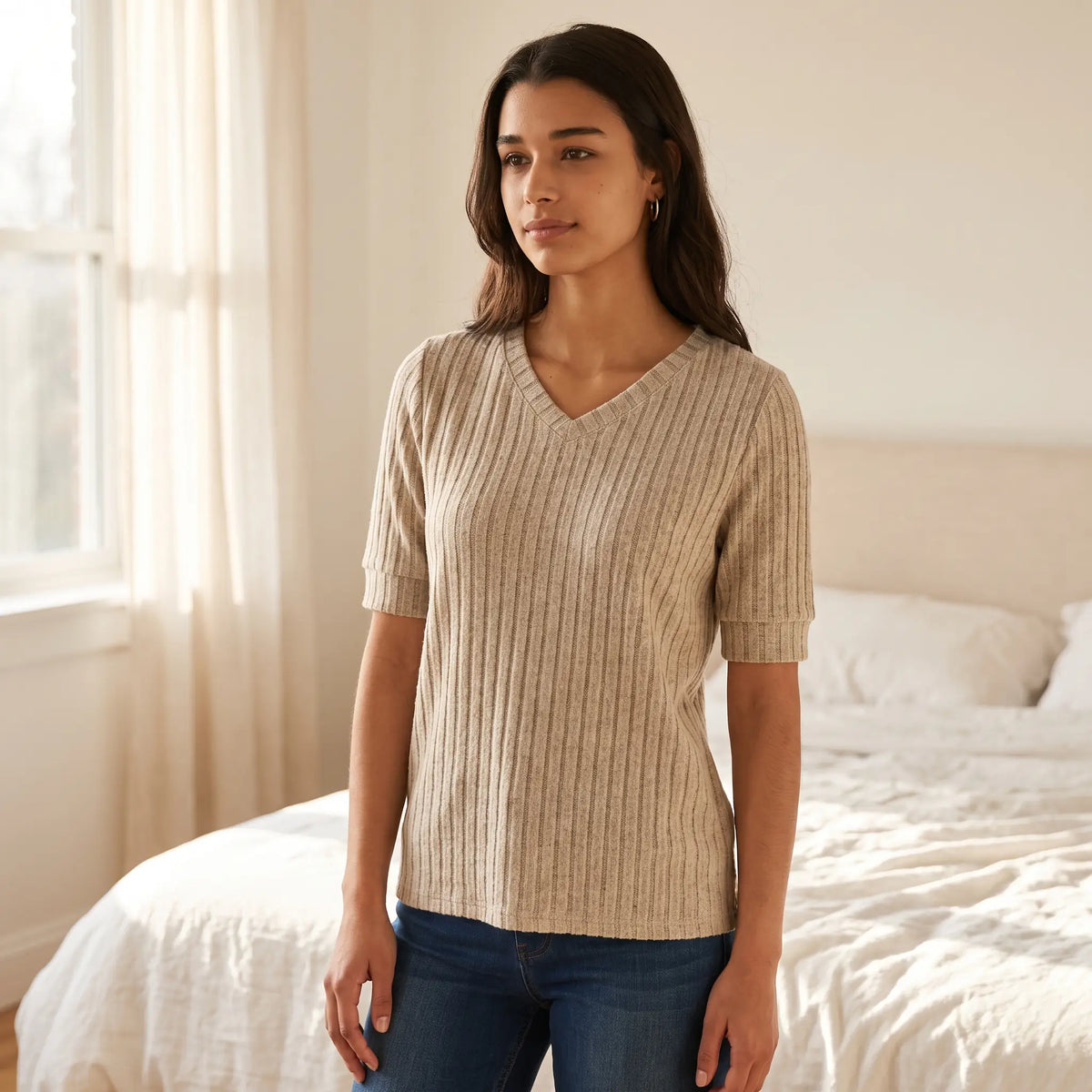 Ribbed Knit V Neck Top comparison