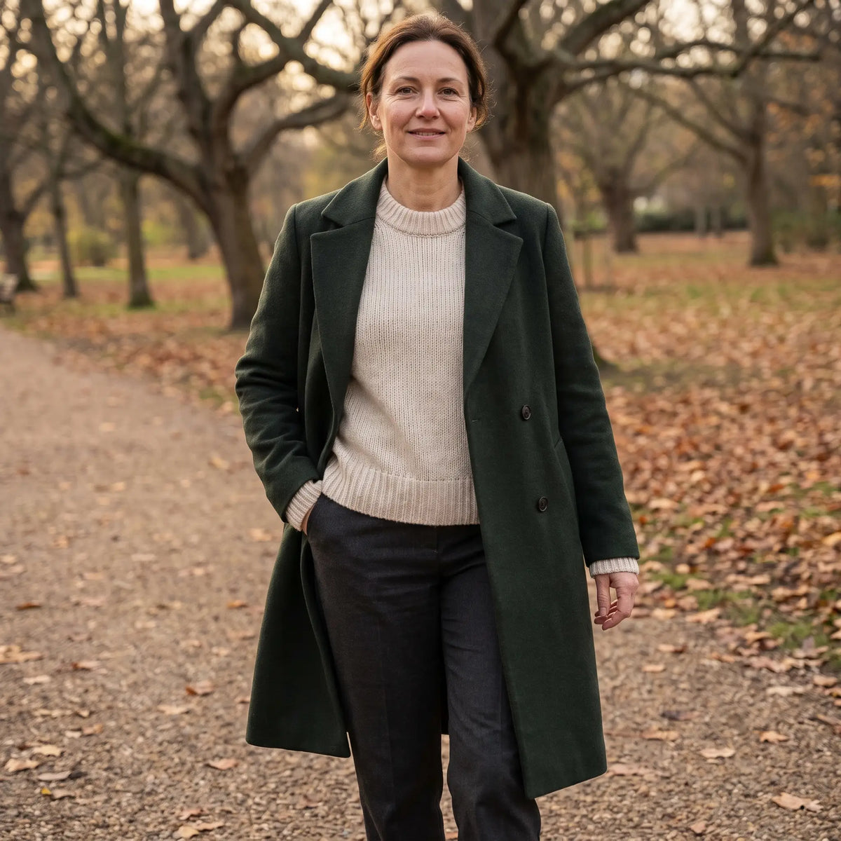Women's Wool-Blend Coat Dark Green - autumn park path