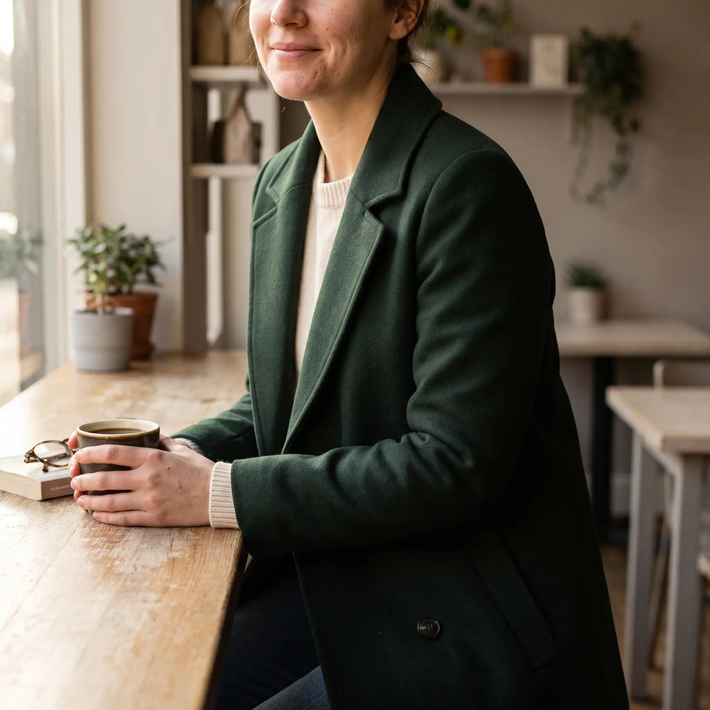 Women's Wool-Blend Coat Dark Green - cafe window