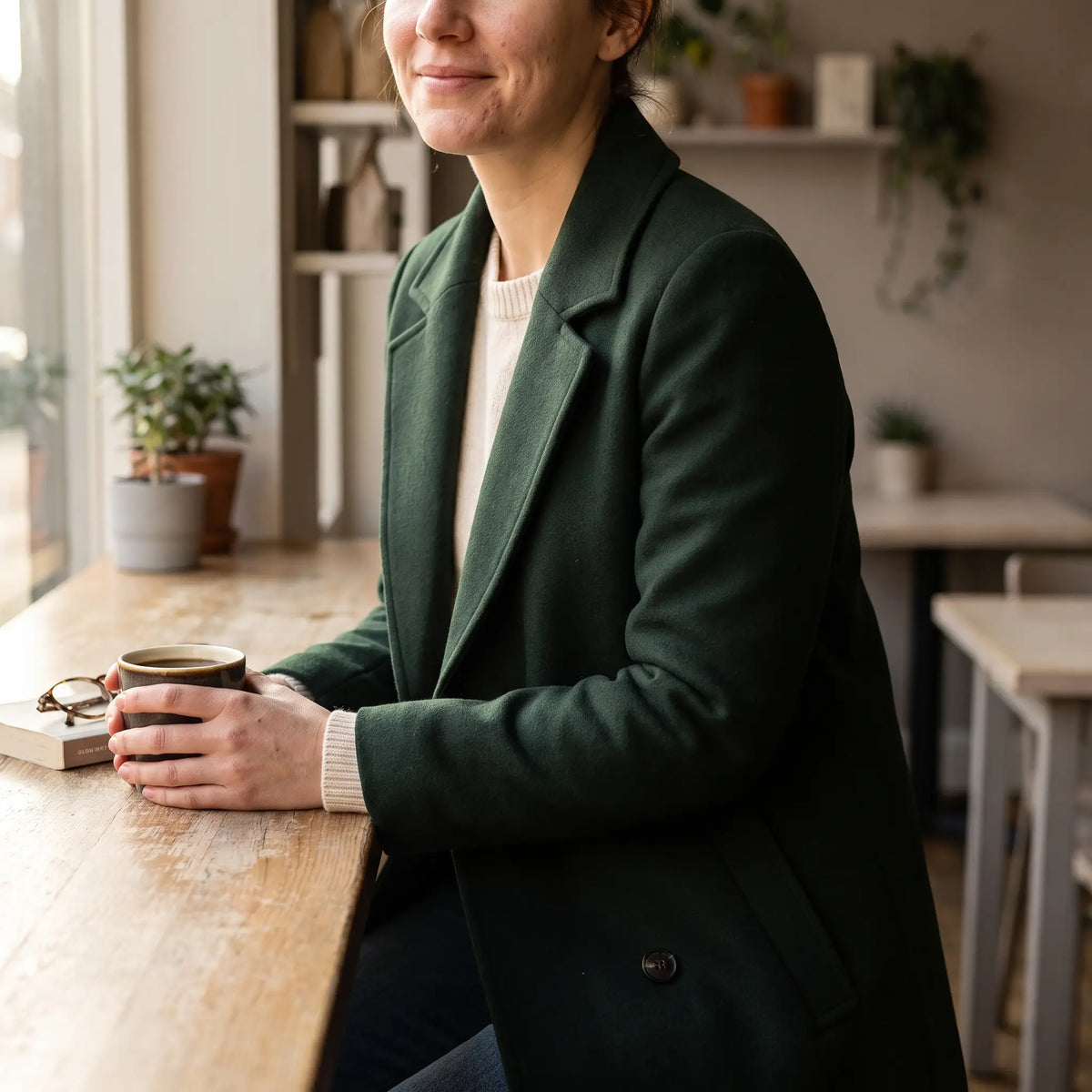 Women's Wool-Blend Coat Dark Green - cafe window