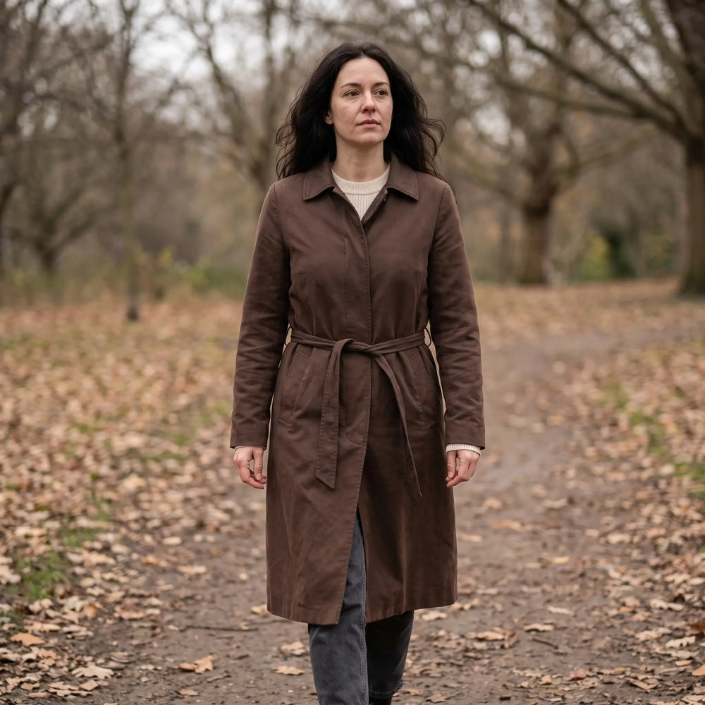 Women's Long Lightweight Coat - Brown - autumn park path