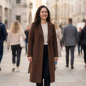 Women's Long Lightweight Coat - Brown - sunlit city street