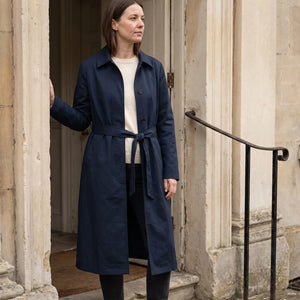 Women's Long Lightweight Coat - Navy - pale stone doorway