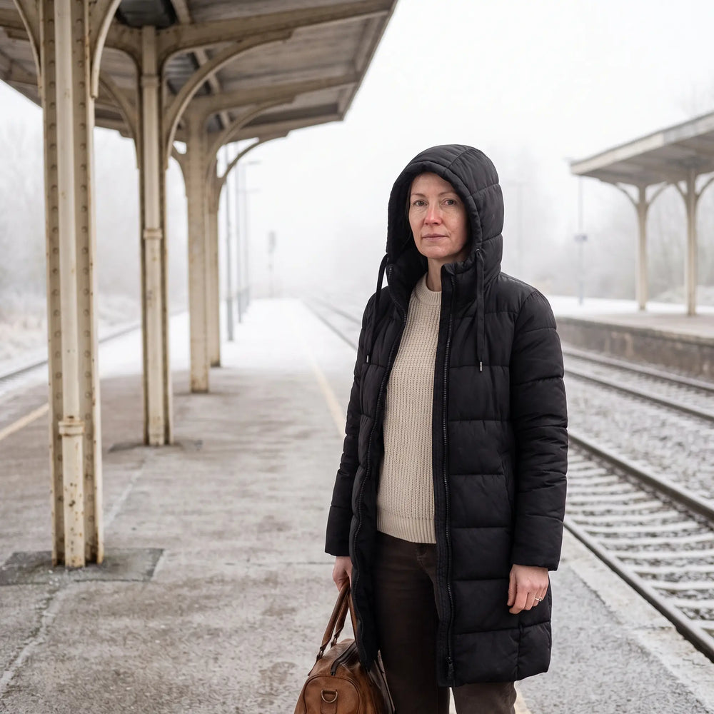 Women's Hooded Winter Coat - Black - railway platform in morning light
