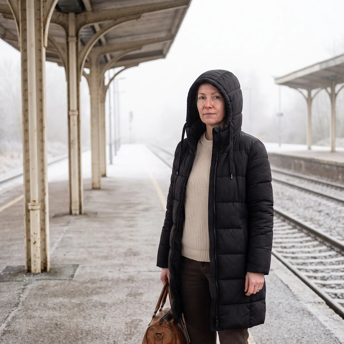 Women's Hooded Winter Coat - Black - railway platform in morning light