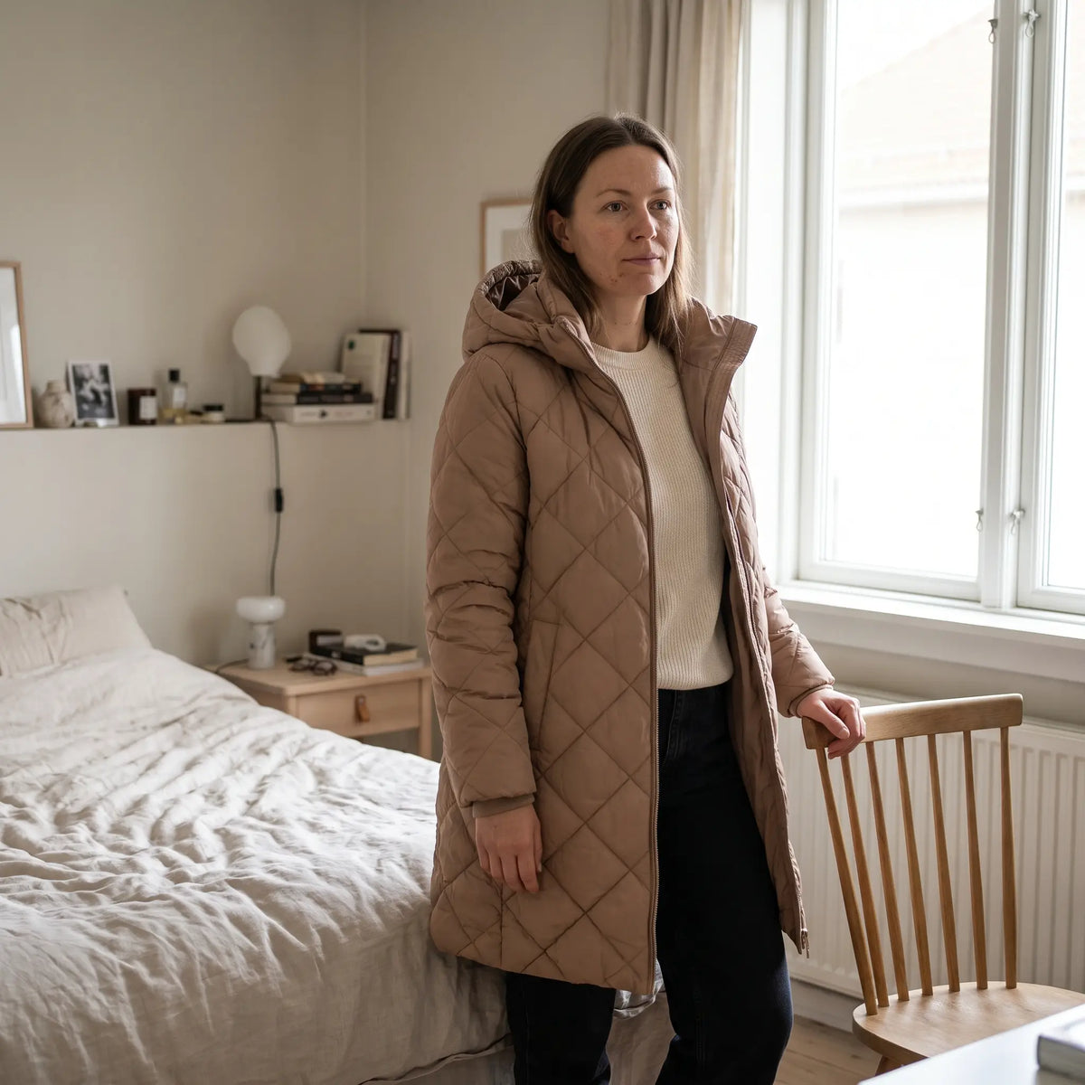 Women's Hooded Winter Coat - Nougat - bright bedroom