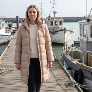 Women's Hooded Winter Coat - Nougat - harbour walkway