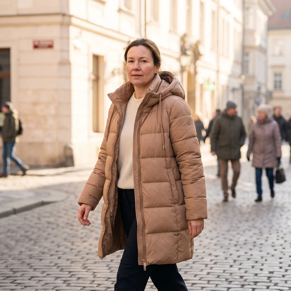Women's Hooded Winter Coat - Nougat - sunlit city street