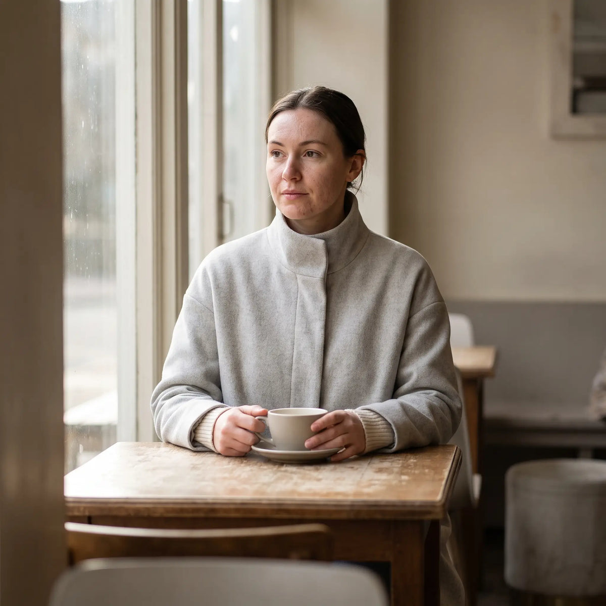Women's Stand-Collar Coat - Light Grey - cafe by the window