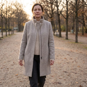 Women's Stand-Collar Coat - Light Grey - autumn park path