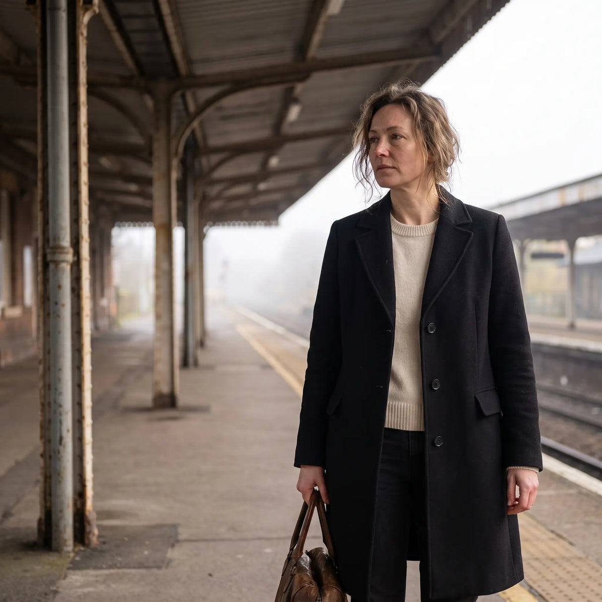 Women's Wool-Blend Coat - Black - railway platform in morning light