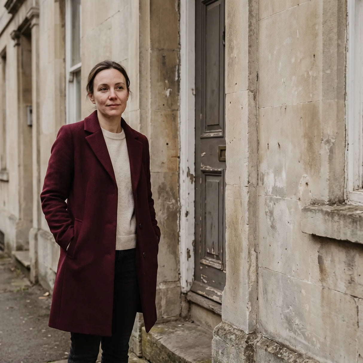Women's Wool-Blend Coat - Wine Red - pale stone doorway