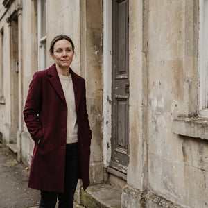 Women's Wool-Blend Coat - Wine Red - pale stone doorway