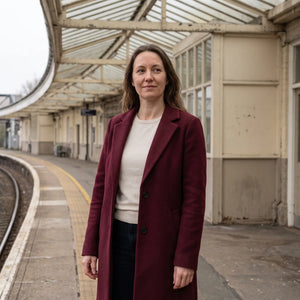 Women's Wool-Blend Coat - Wine Red - railway platform in morning light