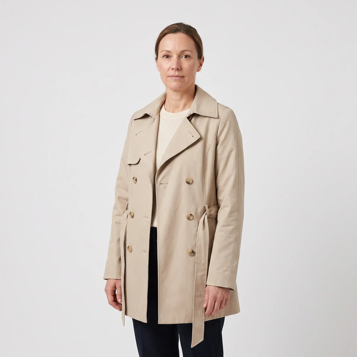 Women's Double-Breasted Short Trench Coat - Beige - studio hero
