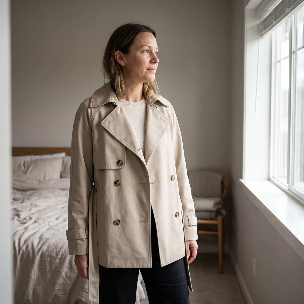 Women's Double-Breasted Short Trench Coat - Beige - bright bedroom