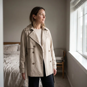 Women's Double-Breasted Short Trench Coat - Beige - bright bedroom