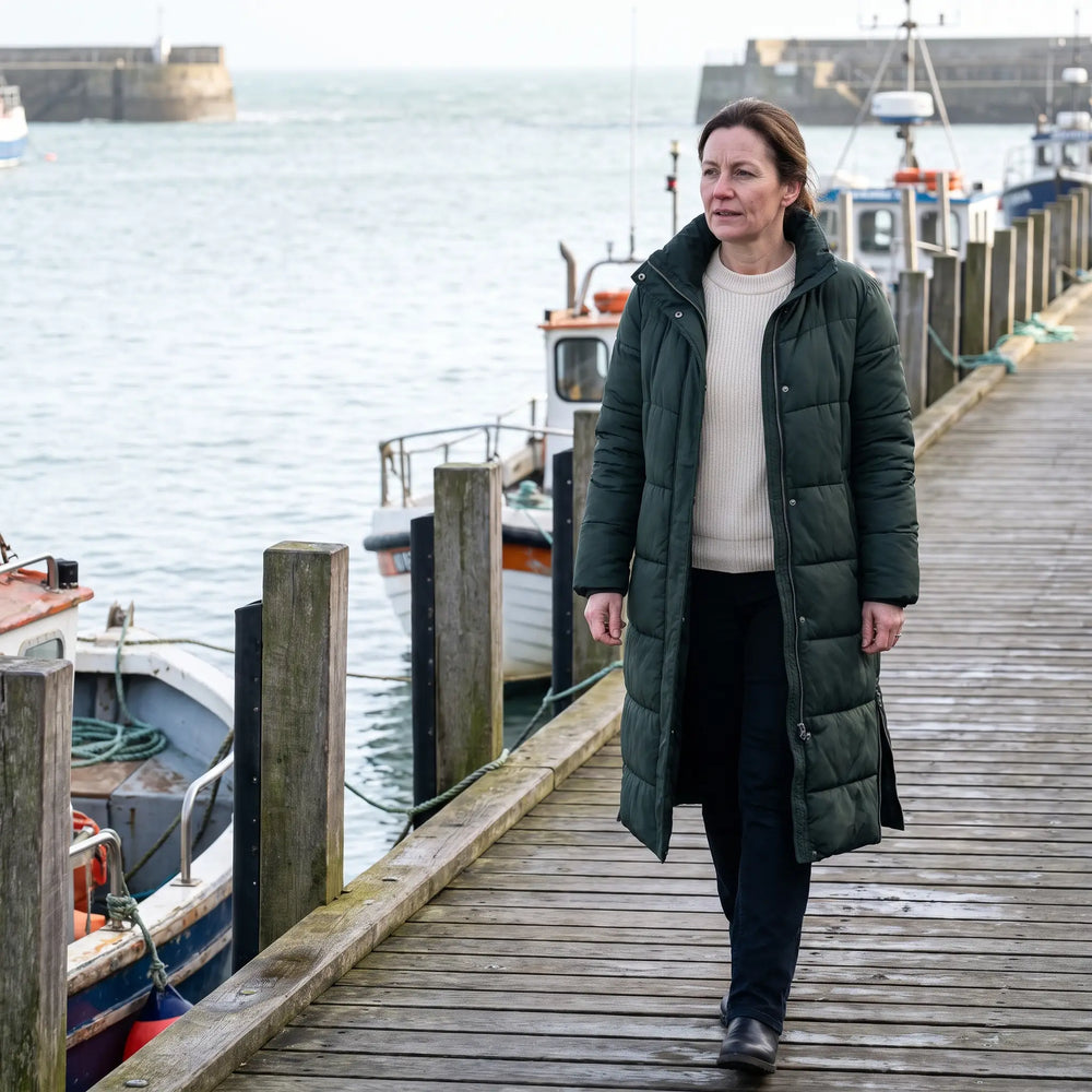 Women's Padded Coat with Side Zips - Dark Green - harbour walkway