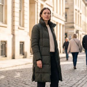 Women's Padded Coat with Side Zips - Dark Green - sunlit city street