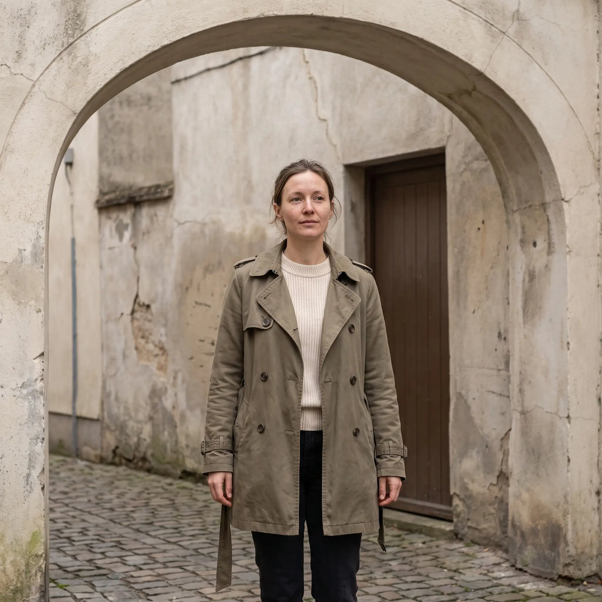 Women's Double-Breasted Short Trench Coat - Khaki Green - pale stone archway