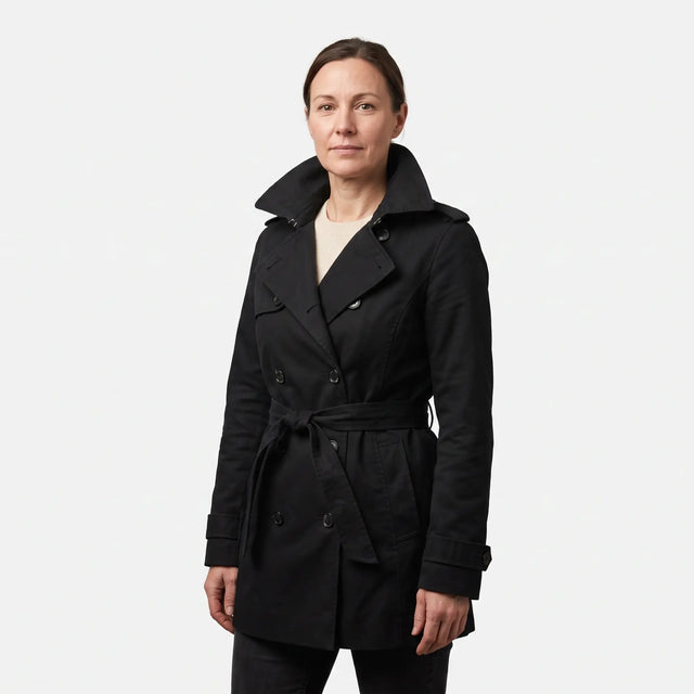 Women's Double-Breasted Short Trench Coat - Black - studio hero