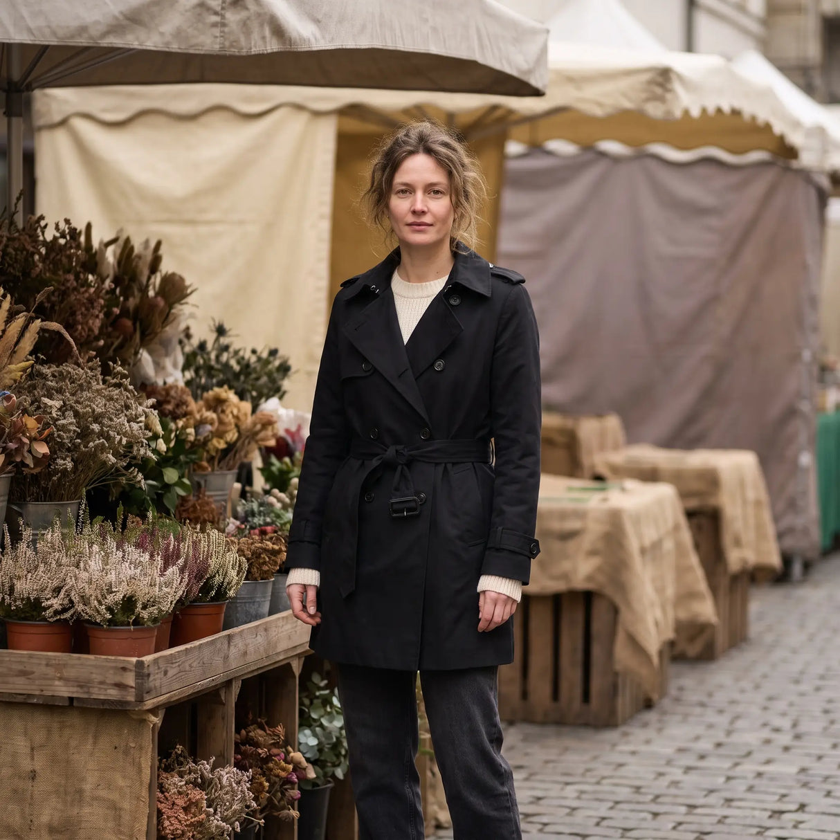 Women's Double-Breasted Short Trench Coat - Black - market street