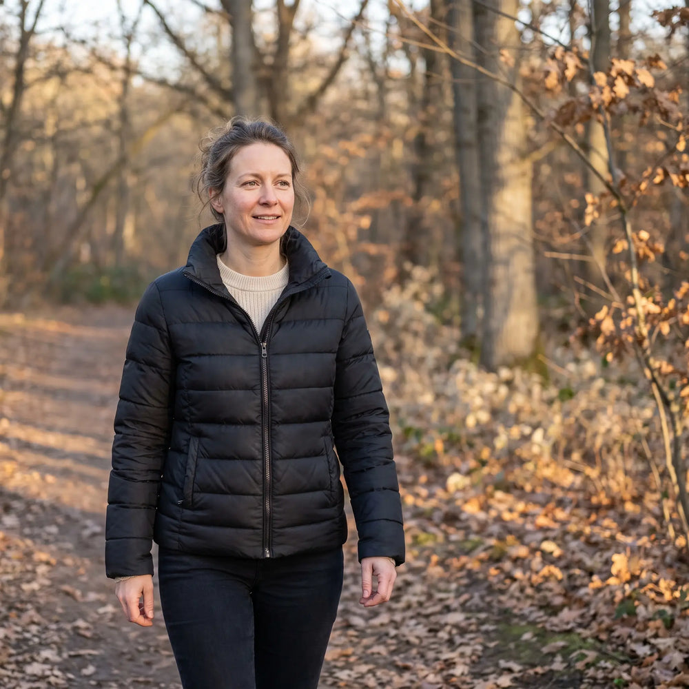 Women's Down Coat - Black - park path in autumn light