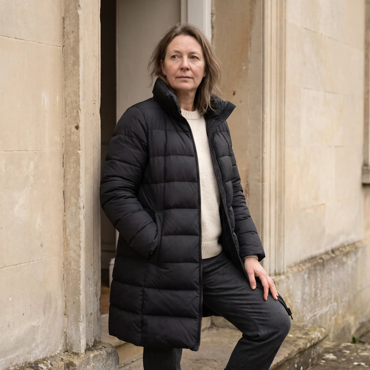 Women's Down Coat - Black - pale stone doorway