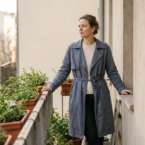 Women's Single-Breasted Trench Coat - Blue - balcony with plants