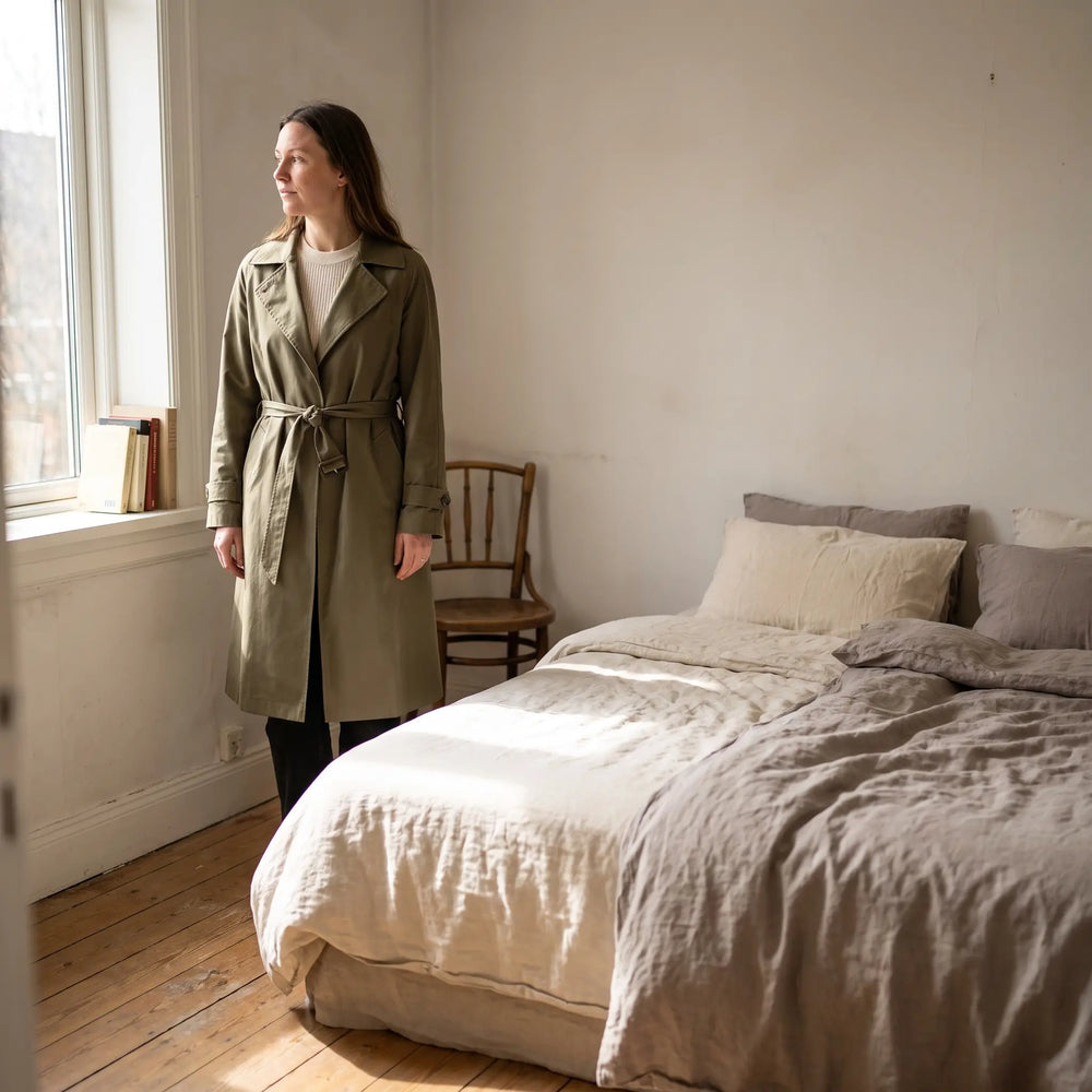 Women's Single-Breasted Trench Coat - Khaki Green - bright bedroom