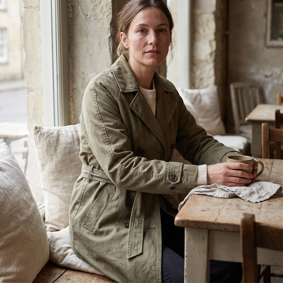 Women's Single-Breasted Trench Coat - Khaki Green - cafe by a window