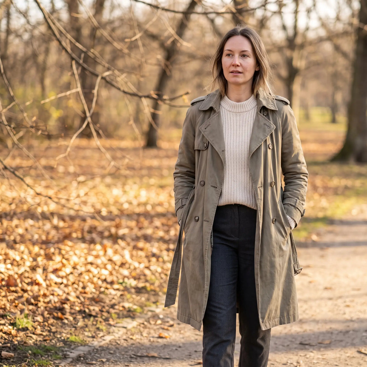 Women's Single-Breasted Trench Coat - Khaki Green - park path in autumn light