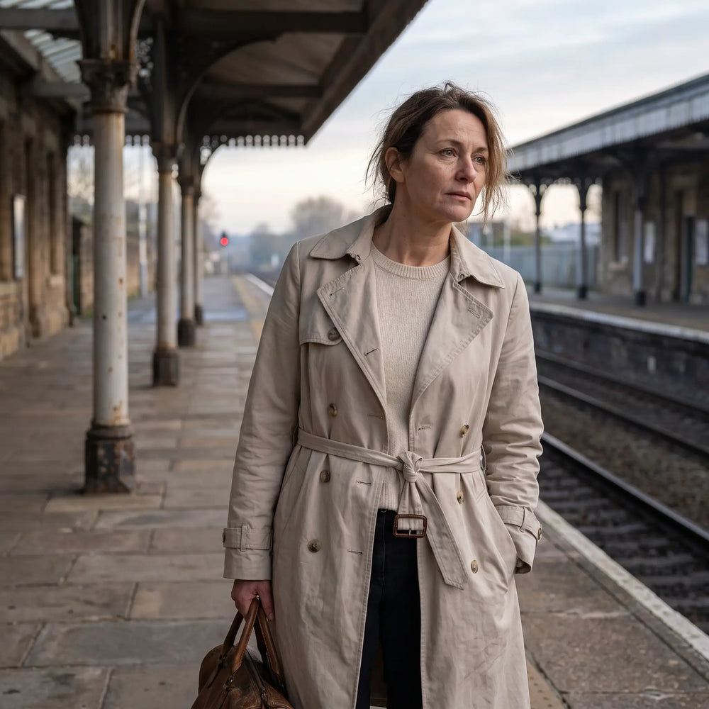 Women's Single-Breasted Trench Coat - Beige - railway platform in morning light