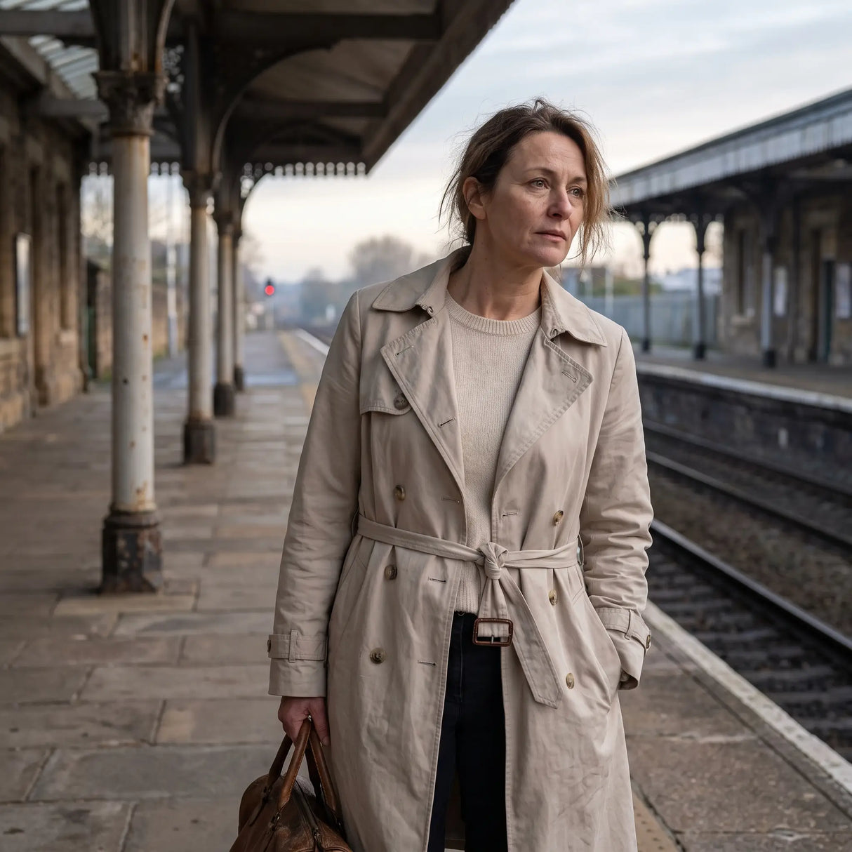 Women's Single-Breasted Trench Coat - Beige - railway platform in morning light