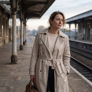 Women's Single-Breasted Trench Coat - Beige - railway platform in morning light