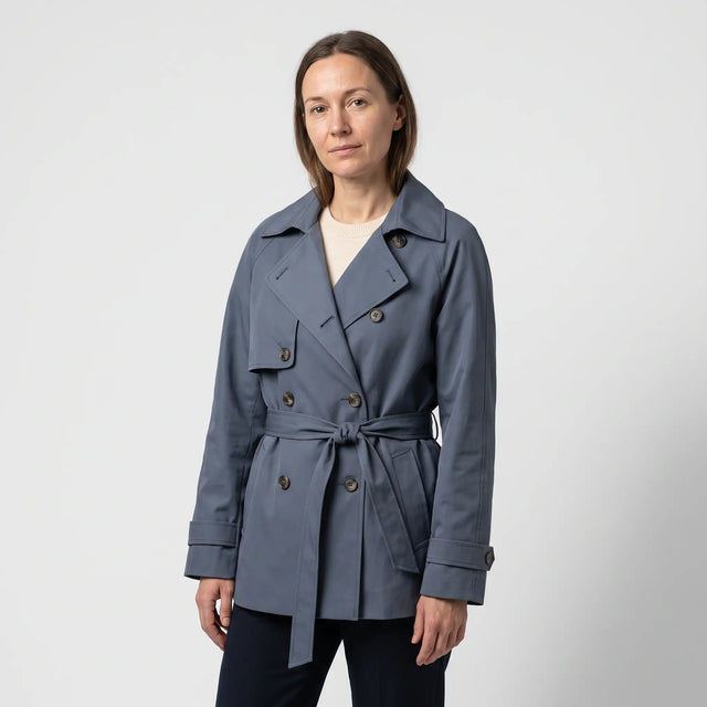 Women's Double-Breasted Short Trench Coat - Blue - studio hero