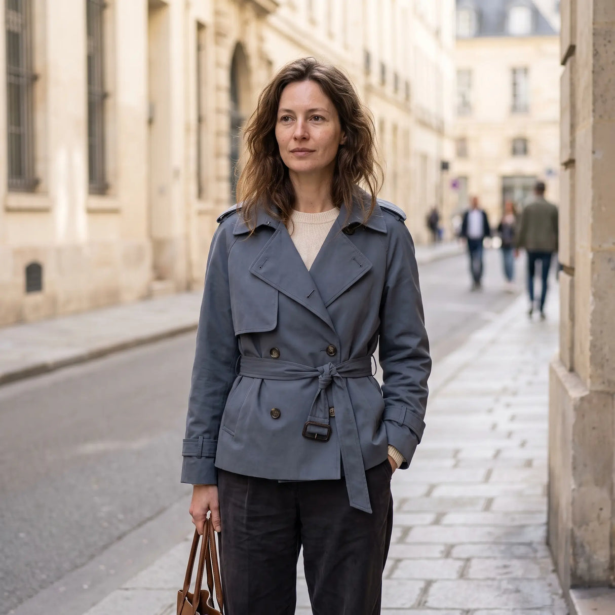Women's Double-Breasted Short Trench Coat - Blue - sunlit city street