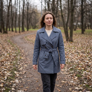 Women's Double-Breasted Short Trench Coat - Blue - park path in autumn light