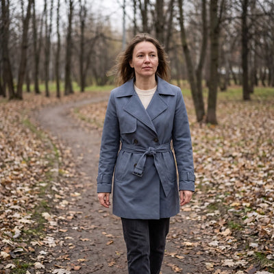 Women's Double-Breasted Short Trench Coat - Blue - park path in autumn light