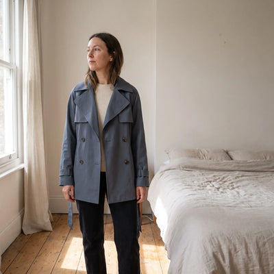 Women's Double-Breasted Short Trench Coat - Blue - bright bedroom