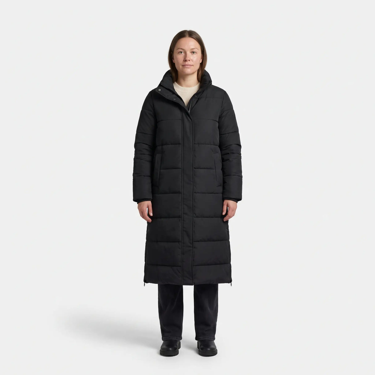 Women's Padded Coat with Side Zips - Black - studio hero