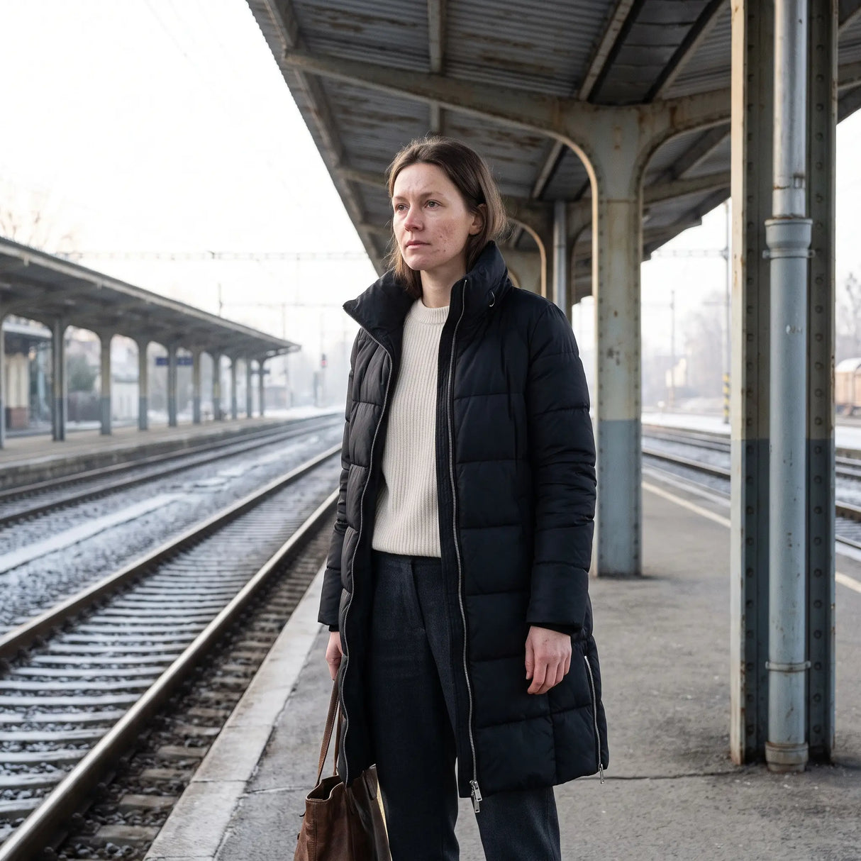Women's Padded Coat with Side Zips - Black - station platform in morning light