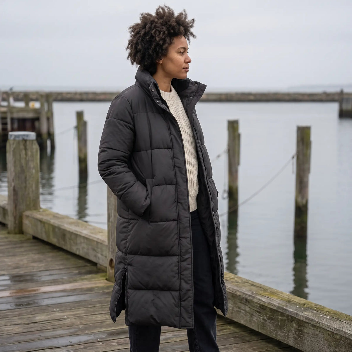 Women's Padded Coat with Side Zips - Black - harbour walkway