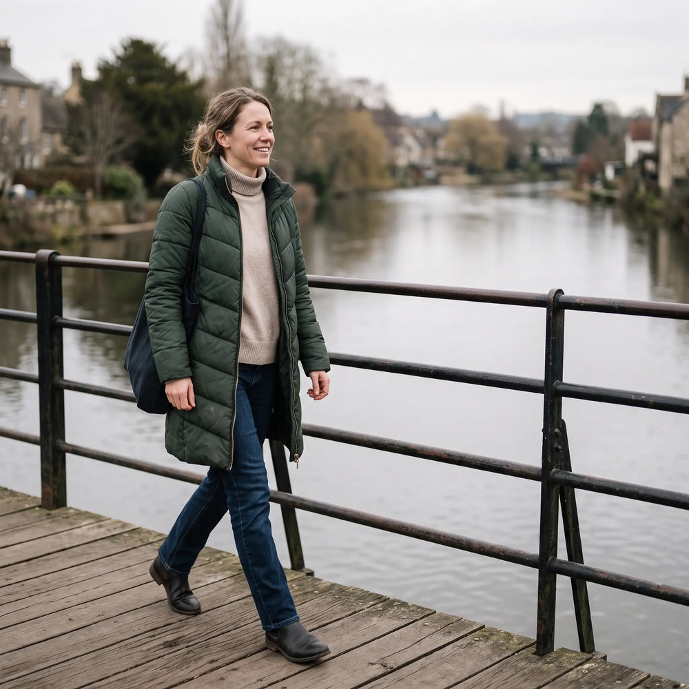 Women's Long Winter Coat - Dark Green - riverside footbridge