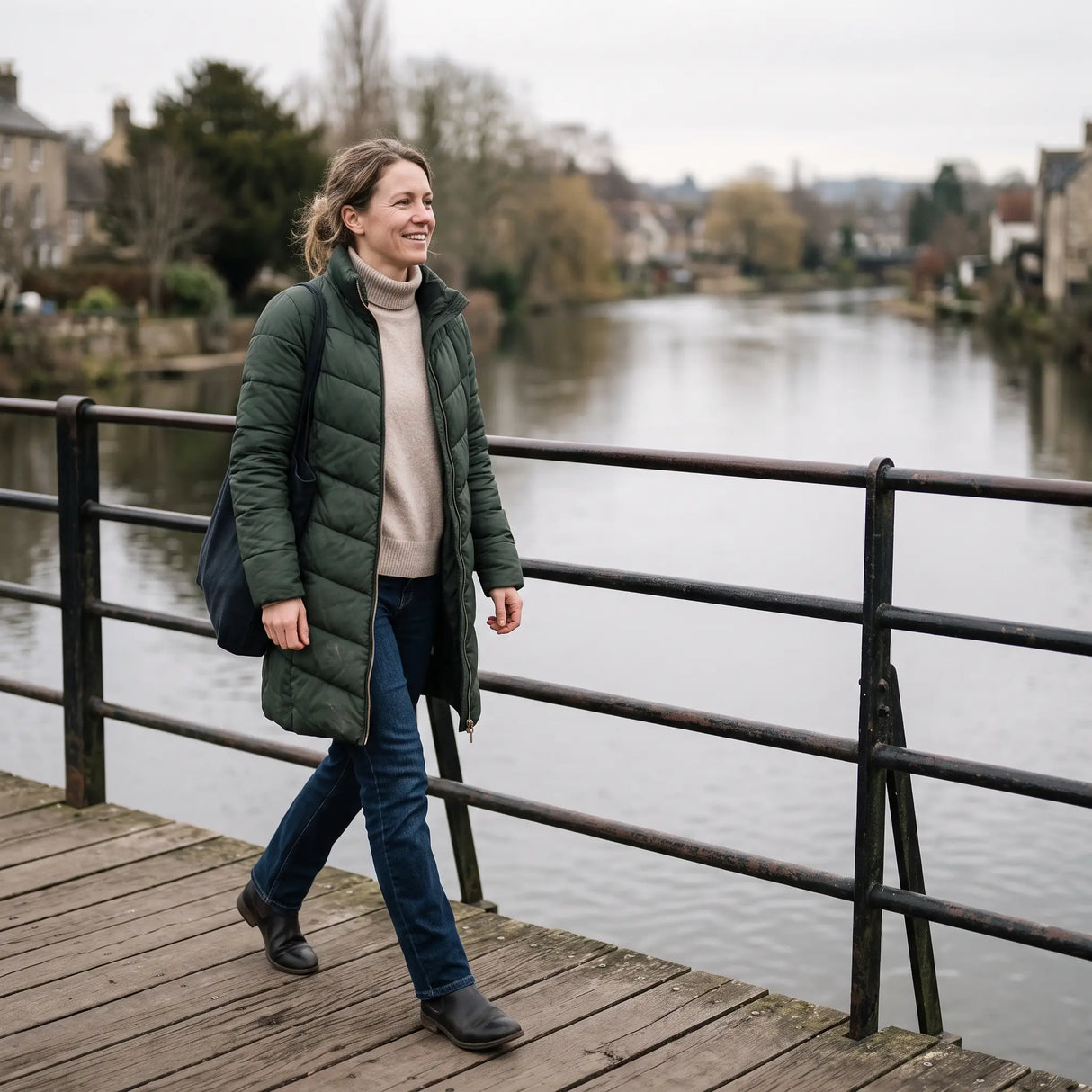 Women's Long Winter Coat - Dark Green - riverside footbridge