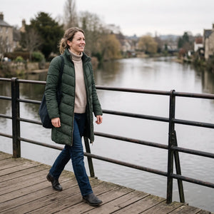 Women's Long Winter Coat - Dark Green - riverside footbridge